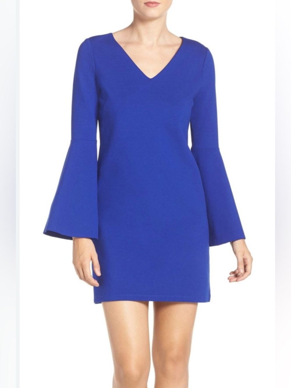 V-Neck Bell-Sleeve Dress in Deep Royal Blue